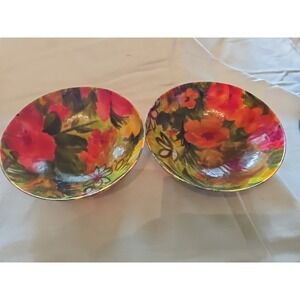 Vtg Pair MCM Fiberglass Salad Bowls 60's Pink Orange Floral 6.5" Mod Funky